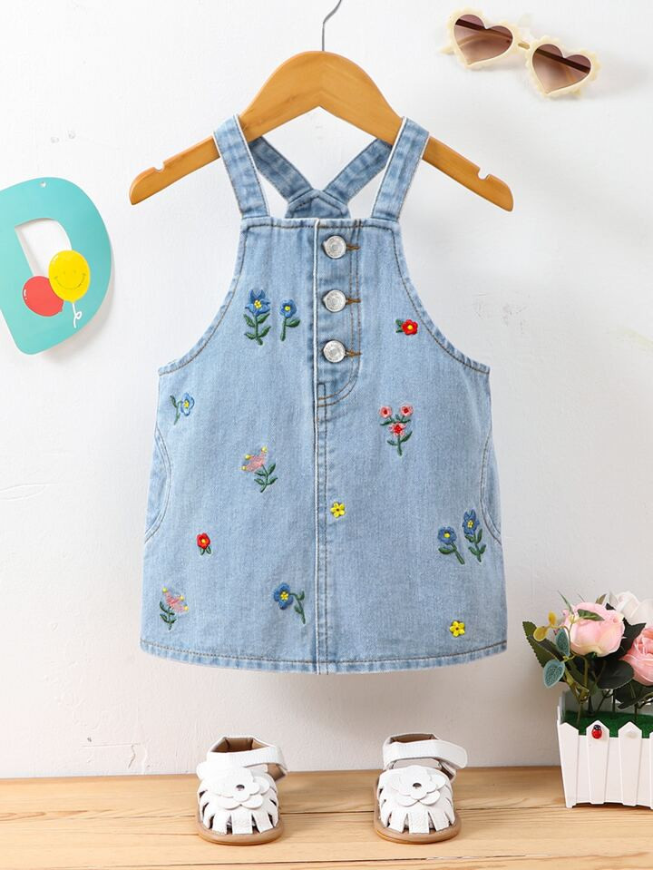 Baby Floral Embroidery Button Front Denim Dress | SHEIN