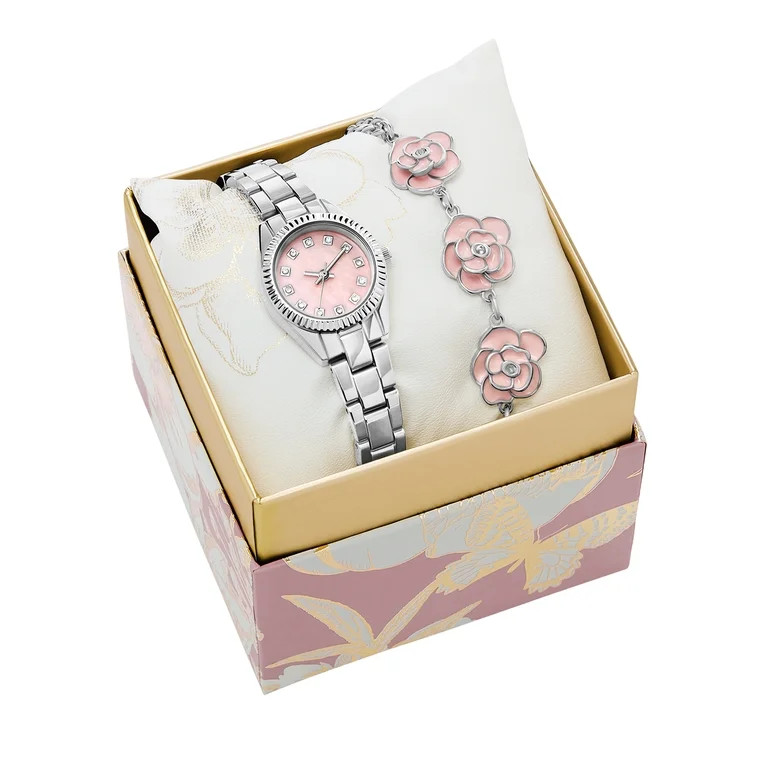 Folio Women’s 2pc Watch & Bracelet Set; 25mm Round Alloy Case, Metal Bracelet, Silver, FMDAL121... | Walmart (US)