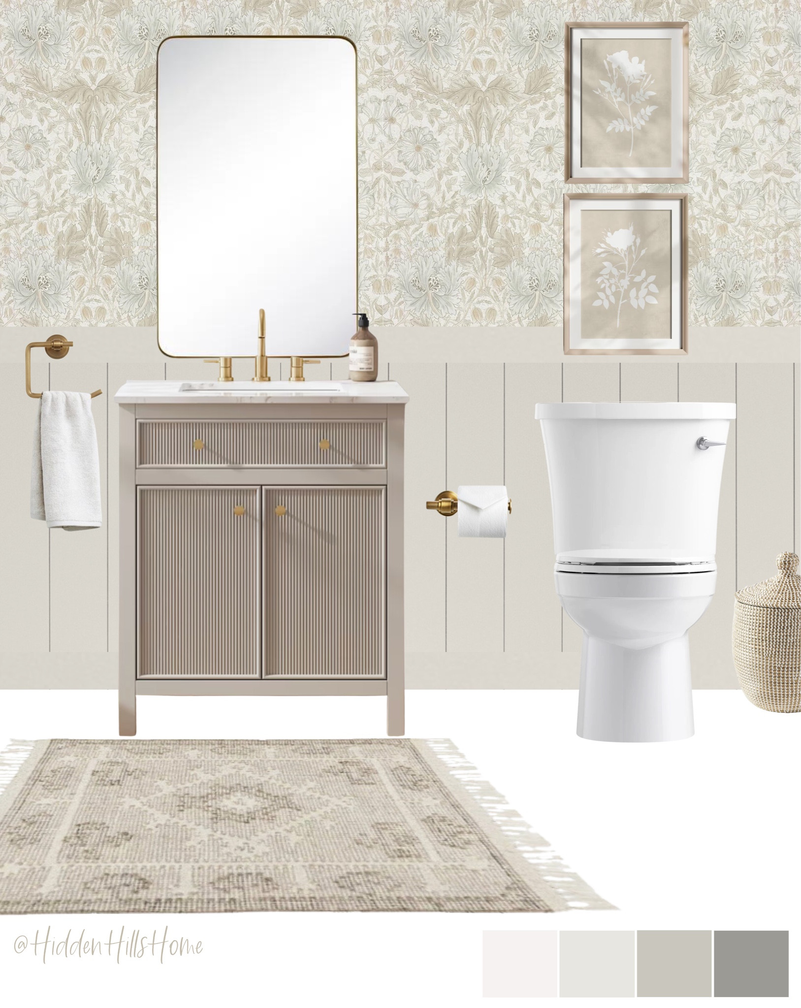 Neutral powder bathroom decor, bathroom mood board, bathroom wallpaper, bathroom design; bathroom vanity #bathroom
Wall color is Heron Plume 

#LTKSaleAlert #LTKHome #LTKStyleTip