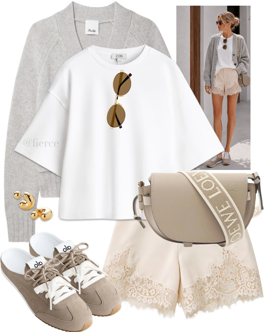 Cream lace shorts grey cardigan white tshirt suede mule sneakers Loewe shoulder bag casual weekend outfit lounge wear travel coffee break

#LTKsummer #LTKuk #LTKeurope