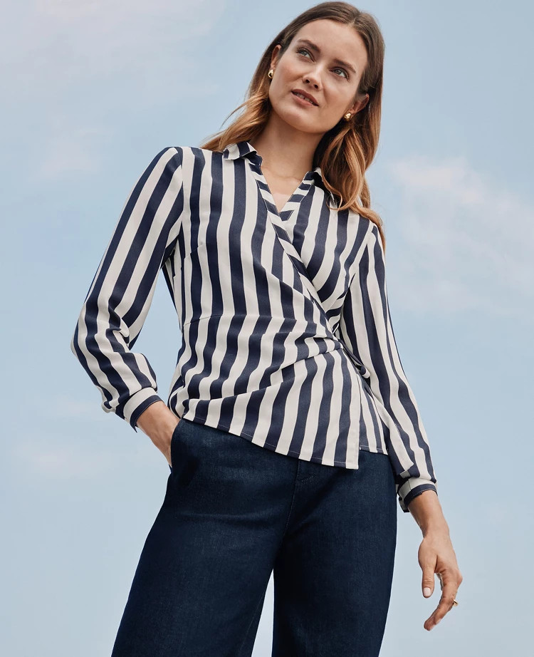Striped Collared Wrap Blouse | Ann Taylor