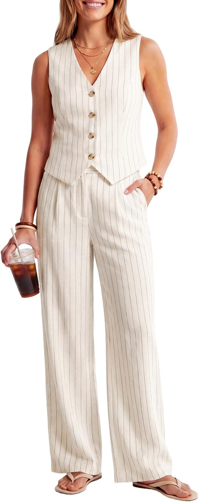 Women 2 Piece Outfit Summer Pinstripe Vest Set 2026 Business Casual Outfits | Amazon (US)
