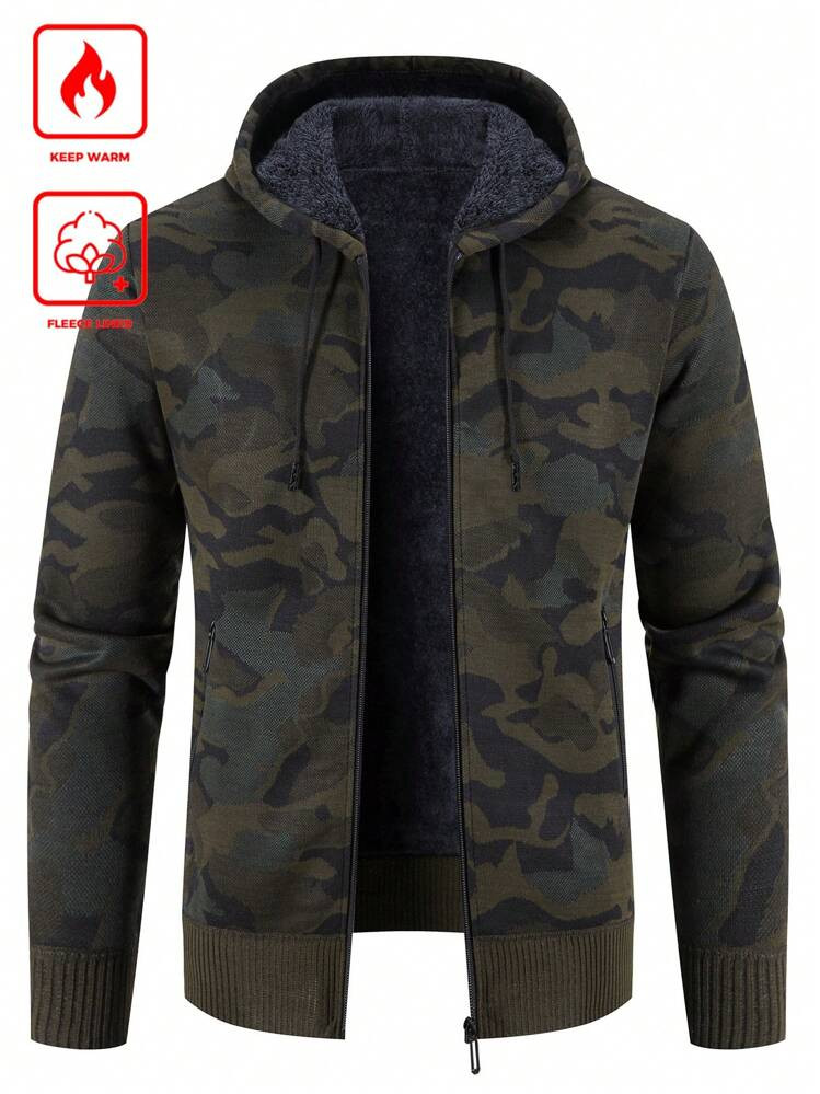 Manfinity Homme Men Camo Print Teddy Lined Hooded Cardigan Going Out Chunky Casual Cardigan, For Husband, Boyfriend Gifts, Fall/Winter, Long Sleeve Top | SHEIN