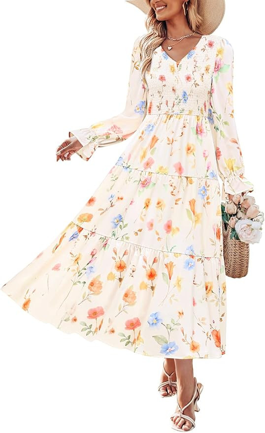 ZESICA Womens Floral Boho Maxi Dress 2026 Spring Summer Casual Long Sleeve V Neck A Line Flowy We... | Amazon (US)