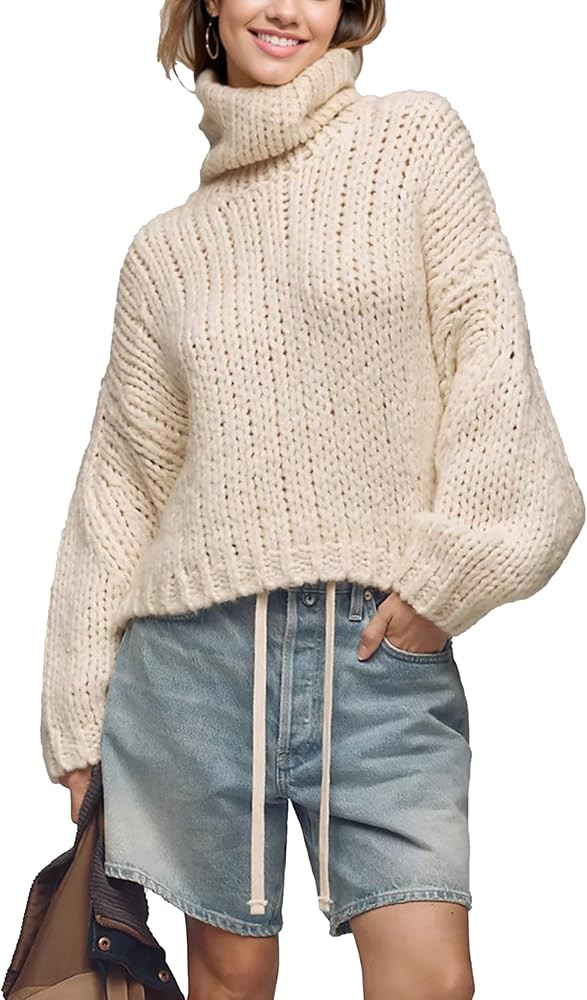 Womens Chunky Turtleneck Sweater Long Sleeve Ribbed Knit Pullover Outerwear | Amazon (US)