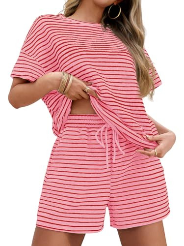 Tankaneo Womens Pajama Sets Striped 2 Piece Lounge Sets Short Sleeve Oversized T Shirts Drawstring Shorts Matching Set Pink | Amazon (US)