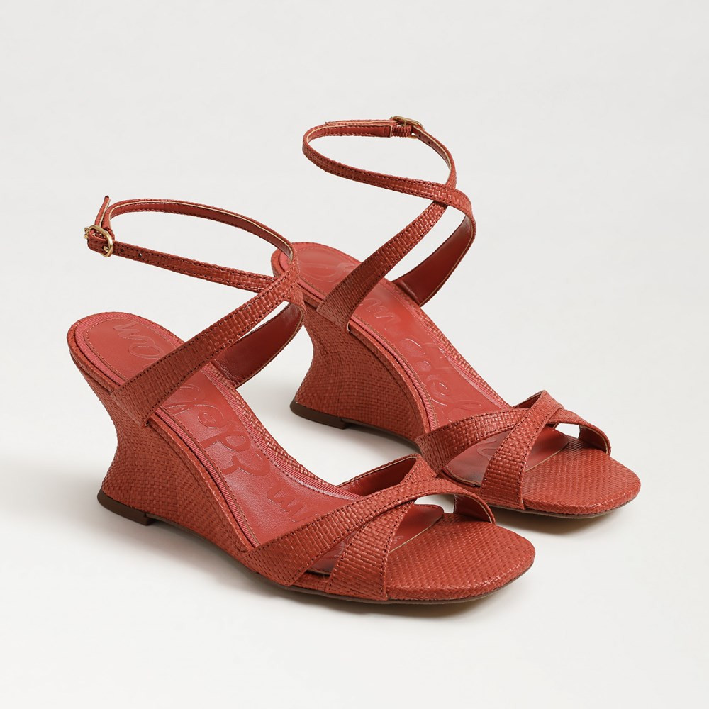 Davi Ankle Strap Wedge Sandal Coral Clay Faux Raffia | Sam Edelman