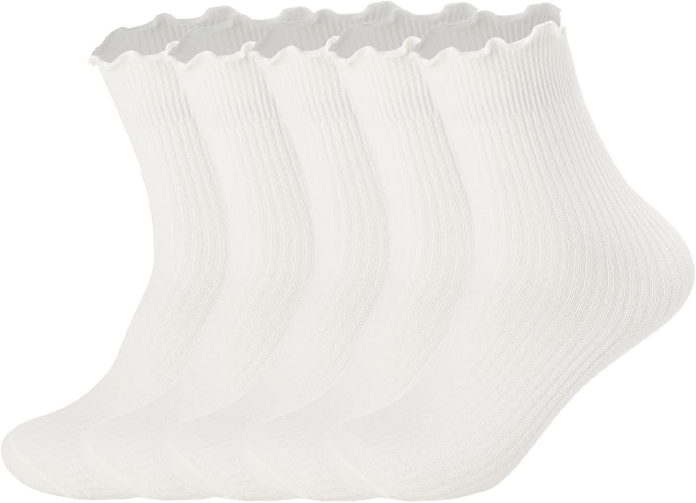 FLYDO Ruffle Socks Women Cotton Socks Cute White Socks for Women Girls Lettuce Edge Socks Women Fril | Amazon (US)