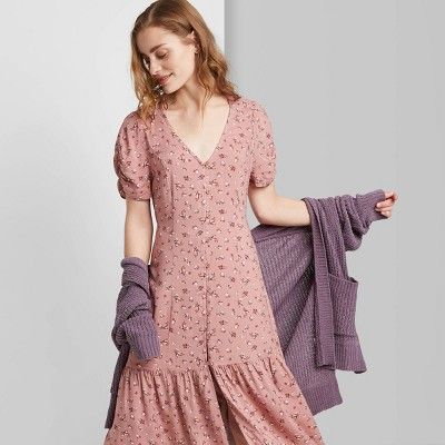Women's Floral Print Short Sleeve V-Neck Button-Down Midi Dress - Wild Fable™ Rose | Target