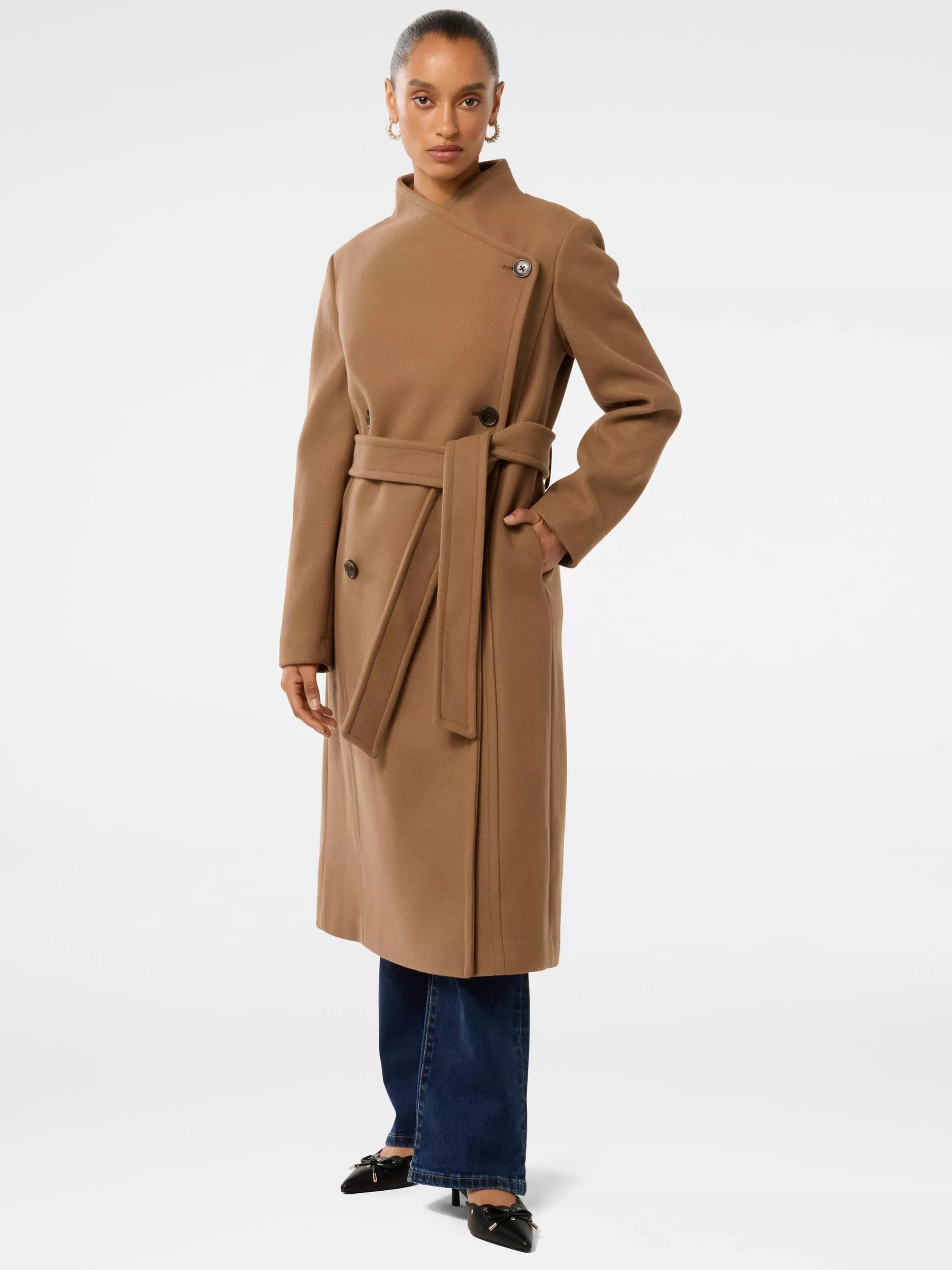 Forever New Ari Petite Funnel Neck Wrap Front Coat, Dark Camel | John Lewis (UK)