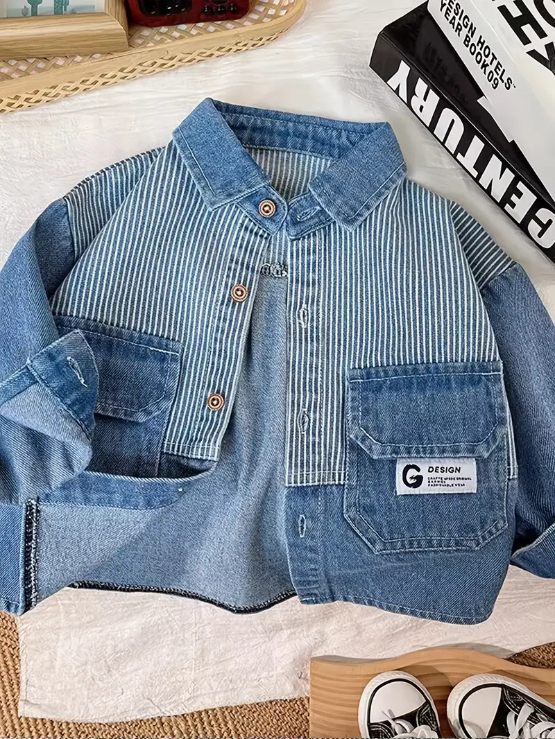 Stylish Boys' Spring/Fall Striped Patchwork Cardigan - Casual Polycotton Jacket with Pockets & La... | Temu Affiliate Program