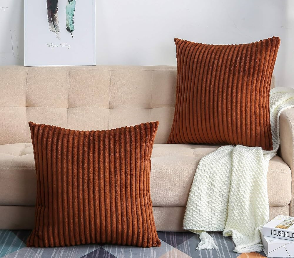 TangDepot, Set of 2 Soft Plush Velvet Big Striped Corduroy Solid Decorative Throw Pillow Covers, ... | Amazon (US)