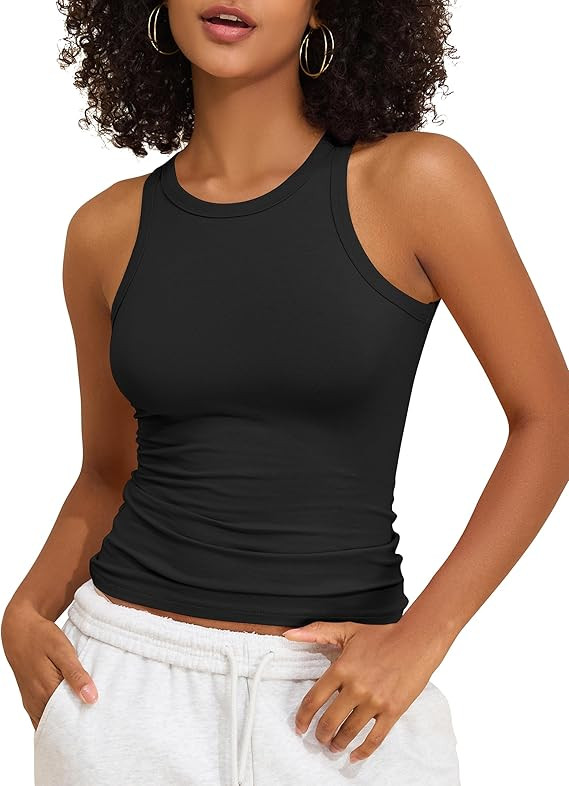 Women's Cotton Racerback Tank Tops High Neck Fitted Basic Tee Summer Casual Y2K Trendy Cute Sleev... | Amazon (US)