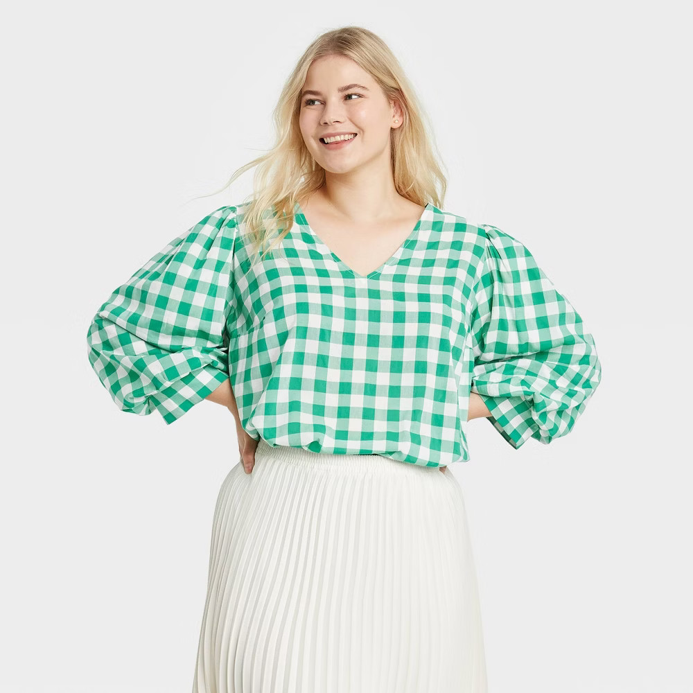 Women's Plus Size Gingham Check 3/4 Sleeve Voile Top - A New Day Green 4X | Target