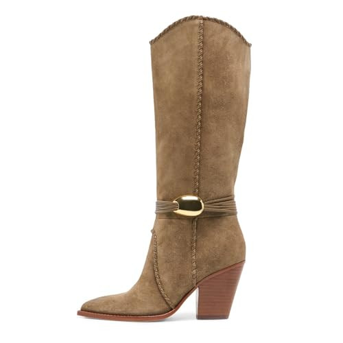 KISSASA Brown Suede Cowboy Knee High Boots Western Cowgirl Chunky Block Heel Pointed Toe Pull On Slouchy Tall Boots with Ankle Gold Metal Brown Size 9.5 | Amazon (US)