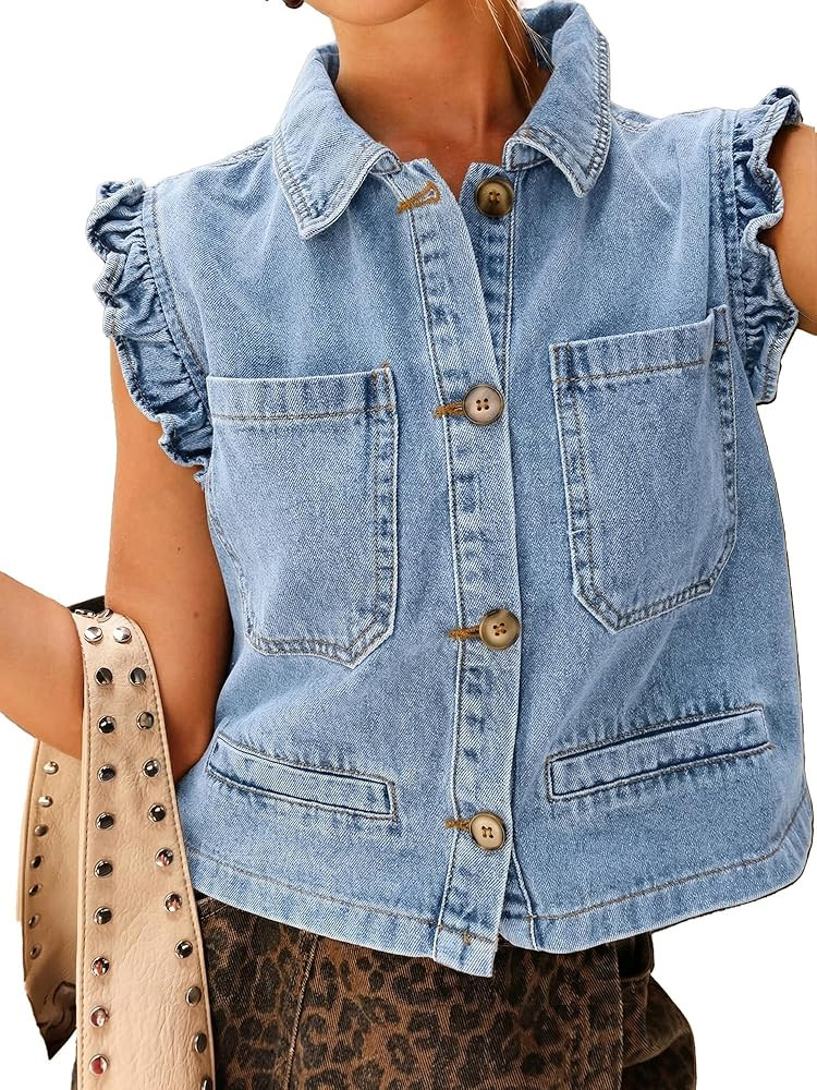 PEIHOT Casual Denim Vest for Women Sleeveless Ruffle Cuffed Cropped Jean Vests Tops Trendy 2026 | Amazon (US)