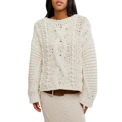 Free People Lola Oversize Stretch Cotton Cable Sweater in Tofu at Nordstrom, Size X-Large | Nordstrom