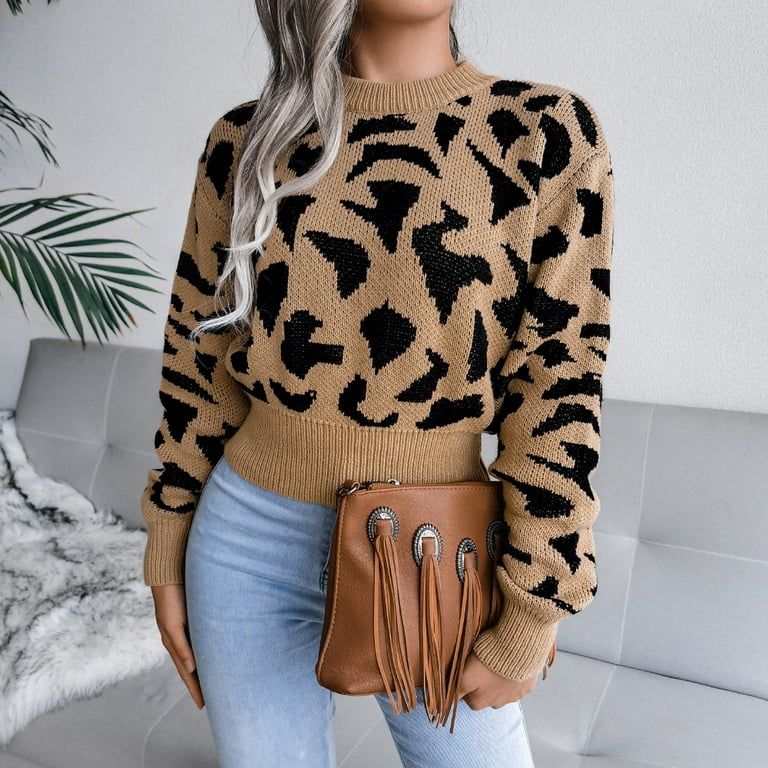 Women'S Knitted Long-Sleeved Autumn and Winter Casual Leopard Print Waist-Skimming Knitted Slim T... | Walmart (US)
