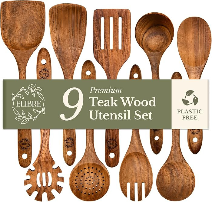 ELIBRE 9-Piece Teak Wood Kitchen Utensil Set, Heat-Resistant, Food Grade | Amazon (US)