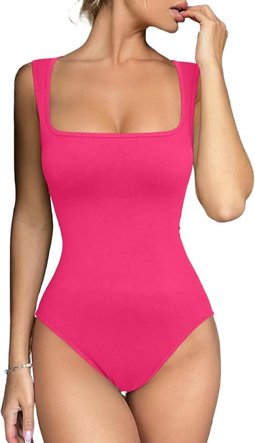 Meyeeka Women's Seamless Bodysuit Square Neck Sleeveless Tapered Shoulder Straps Tank Tops Summer | Amazon (US)