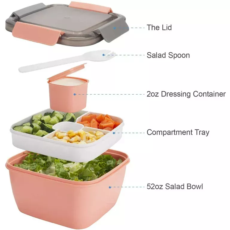 Bento Box Adult Lunch Box Salad Container for Lunch,52-oz Large Salad Bowl,3-Compartment Bento-Style Tray and 2-oz Sauce Container for Dressings