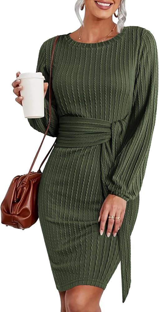 HOTOUCH Women's Casual Knit Dress Long Lantern Sleeve Fall Bodycon Dress Crewneck Tie Waist Rib K... | Amazon (US)