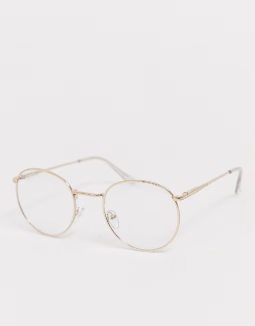 ASOS DESIGN metal round glasses with clear lens in gold | ASOS (Global)