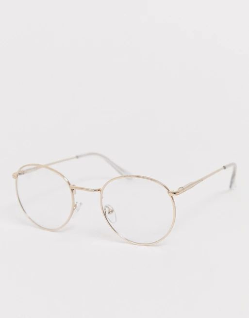 ASOS DESIGN metal round glasses with clear lens in gold | ASOS (Global)