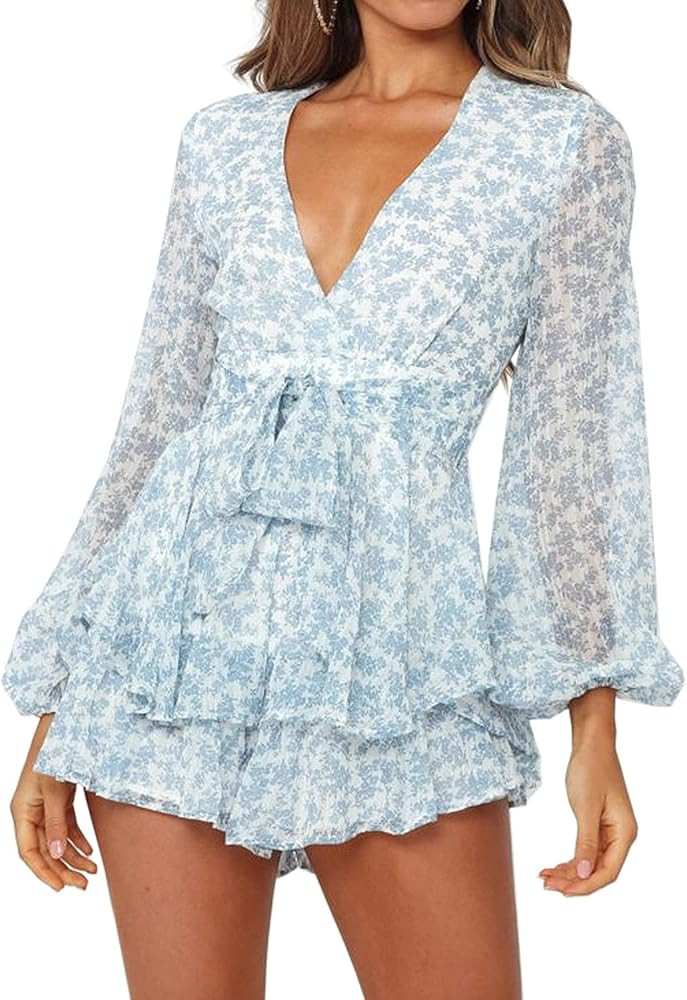 Women's Polka Dot Jumpsuits Deep V Neck Long Sleeve Knot Front Ruffle Hem Floral Rompers | Amazon (US)