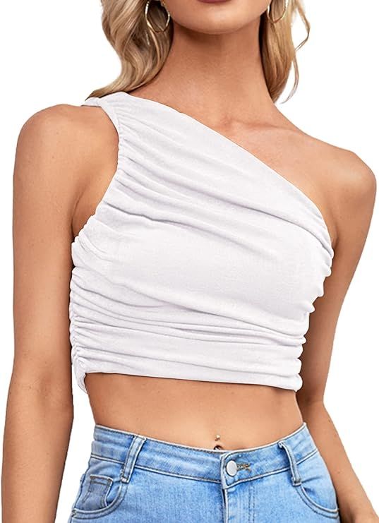 LYANER Women's Sexy Ruched One Shoulder Sleeveless Crop Top Strappy Cami Tank | Amazon (US)