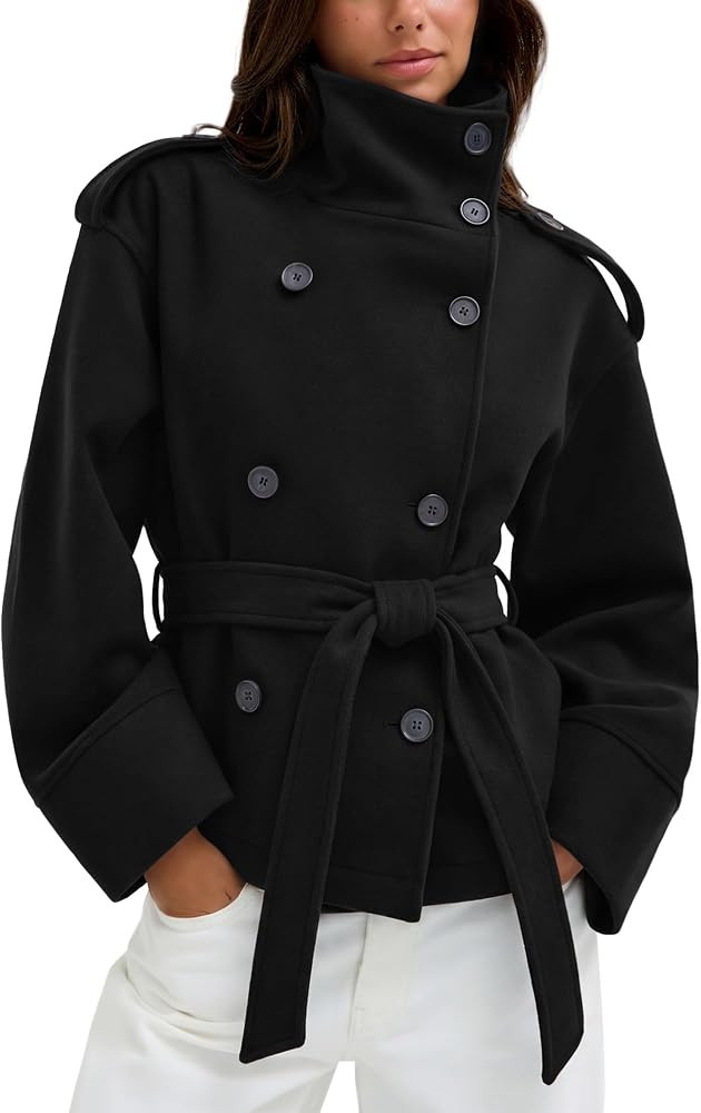 Hixiaohe Belted Cropped Pea Coats for Women Fall Winter Funnel Neck Jacket | Amazon (US)