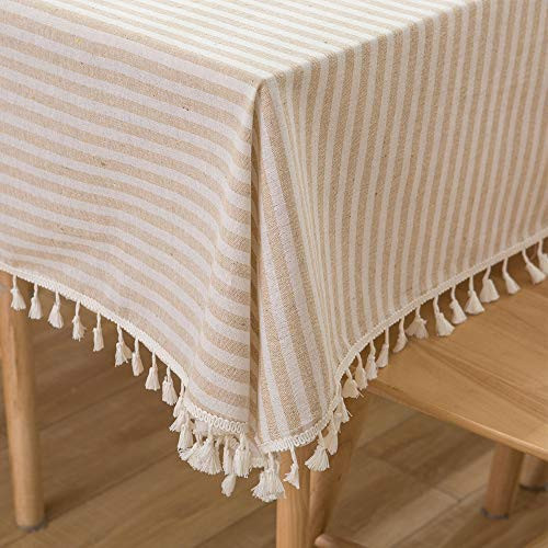 Plenmor Table Cloth Square Stripe Tassels Tablecloth Dust-Proof Cotton Table Cover for Kitchen Dinning Tabletop Decoration (140cm x 140cm, Beige) | Amazon (UK)