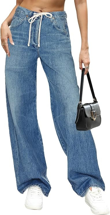 Allimy Womens Drawstring High Waist Wide Leg Jeans Straight Leg Washed Denim Jeans Pants | Amazon (US)