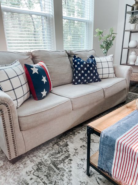 Summer patriotic decor. Flag pillows. Stars and Stripes pillow. Striped table runner. Home decor. Americana decor. Patriotic decorating ideas  

#LTKhome #LTKFind #LTKSeasonal