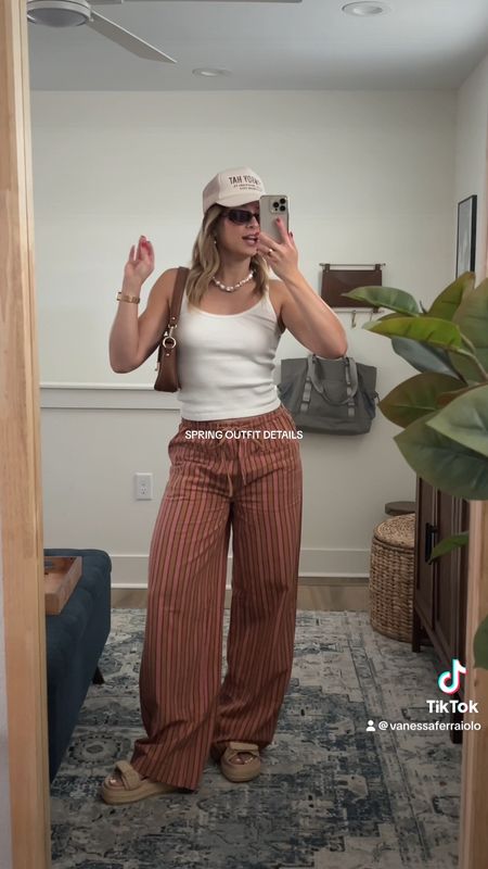 4/12/24 Casual coffee shop outfit of the day 🫶🏼 Linen pants, striped linen pants, free people style, free people outfits, spring fashion 2024, spring fashion trends, summer outfits, summer fashion 2024, platform sandals, dad sandals, spring sandals, summer sandals

