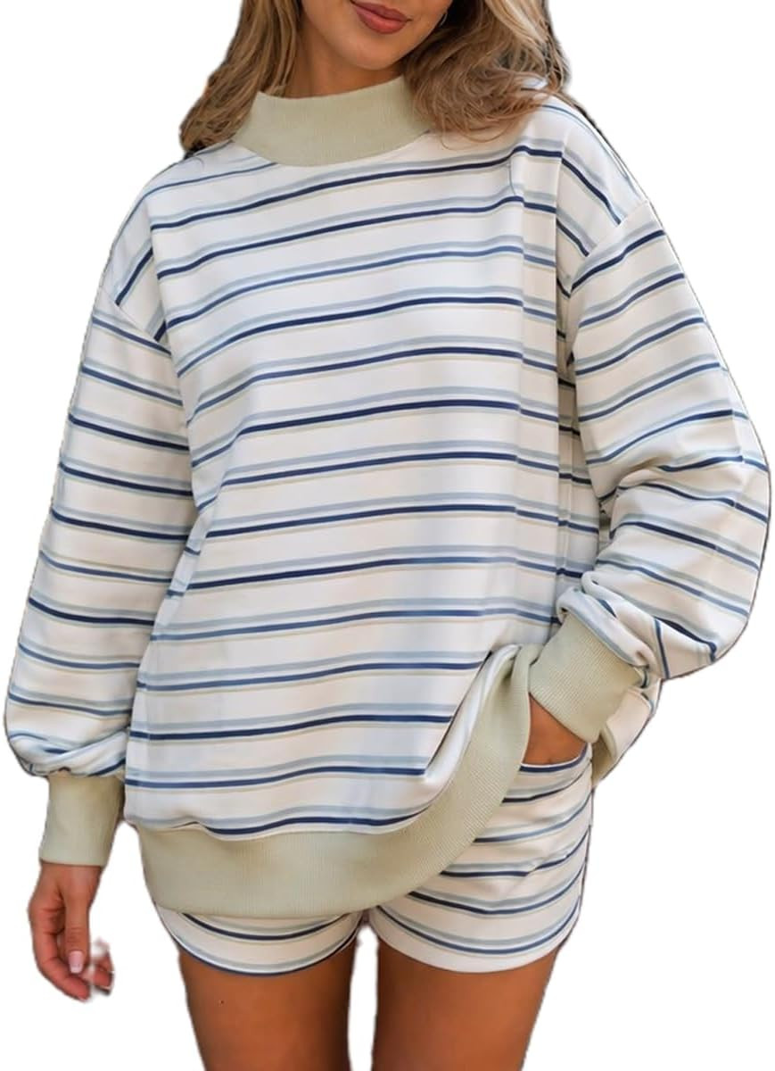 Women Mock Neck Sweatshirt Striped Long Sleeve Color Block Sweatshirt Fall | Amazon (US)