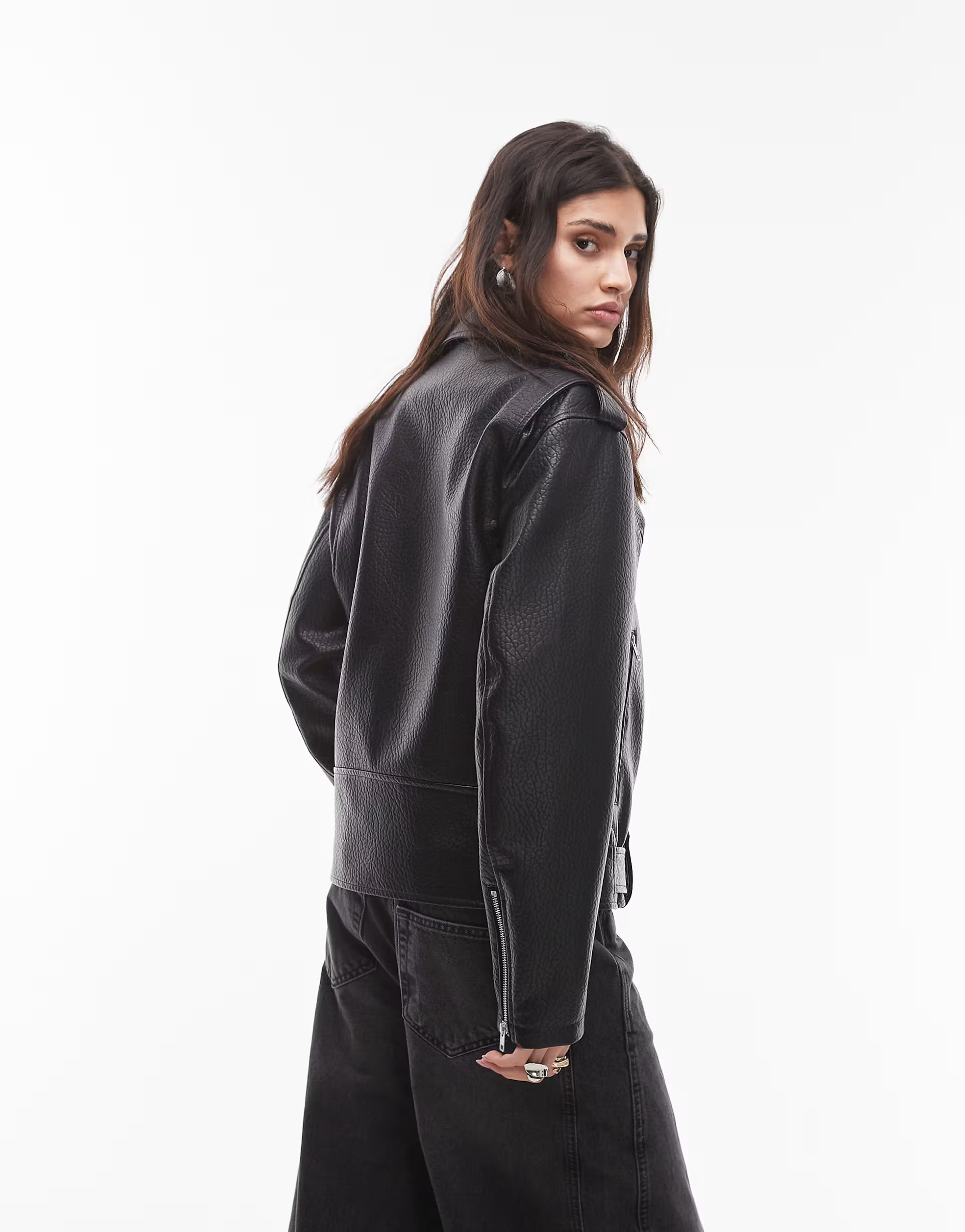 Topshop faux leather bubble oversized biker jacket in black | ASOS (Global)