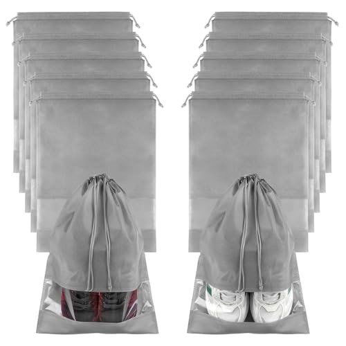 Shoe Bags for Travel, 10 Pcs Large Gray Travel Shoe Bags for Packing, Non-Woven Drawstring Travel Shoe Storage Bag with Clear Window, Travel Shoe Bags for Packing for Men Women（12.6" X 17.3" ） | Amazon (US)