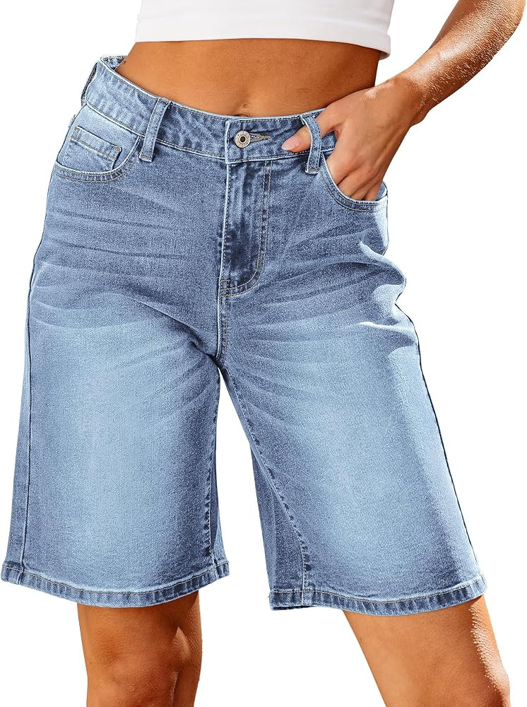 luvamia Bermuda Jean Shorts for Women High Waisted Trendy Stretchy Denim Shorts Knee Length Cutof... | Amazon (US)