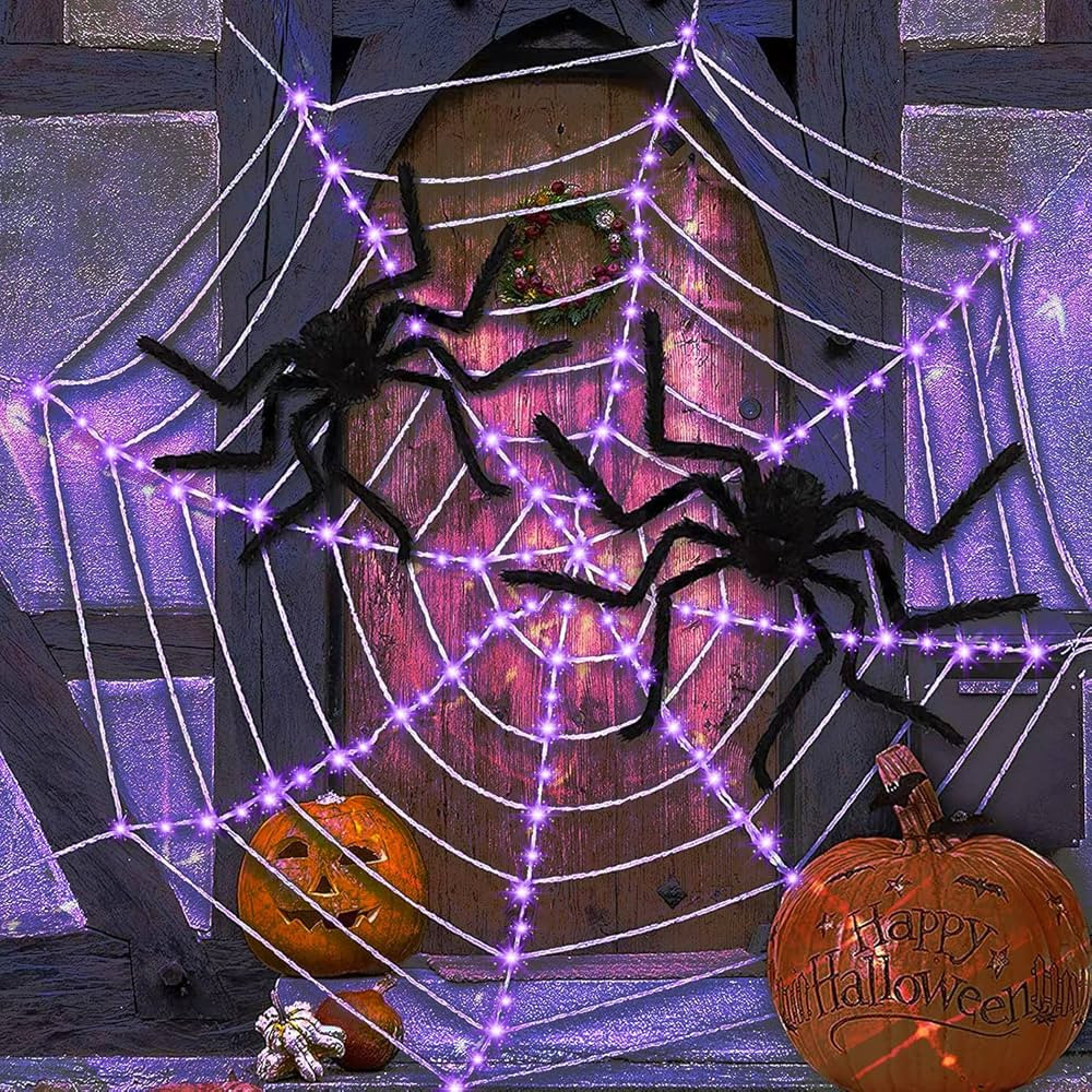 JOYWANT Halloween Decor - 12FT Spider Web & 160 LED with 3 Black Spiders, Battery Operated Waterp... | Amazon (US)
