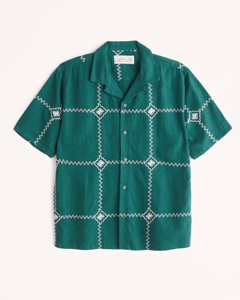 Abercrombie & Fitch Men's Camp Collar Summer Linen-Blend Embroidered Button-Up Shirt in Green - Size | Abercrombie & Fitch (US)