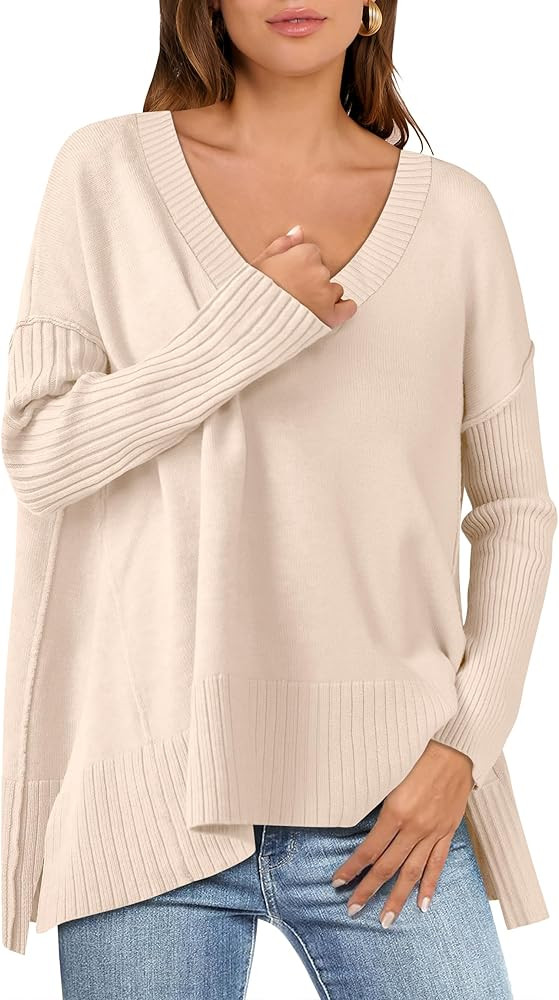 Caracilia Women’s V Neck Oversized Sweaters 2024 Fall Long Batwing Sleeve Spilt Hem Tunic Pullo... | Amazon (US)
