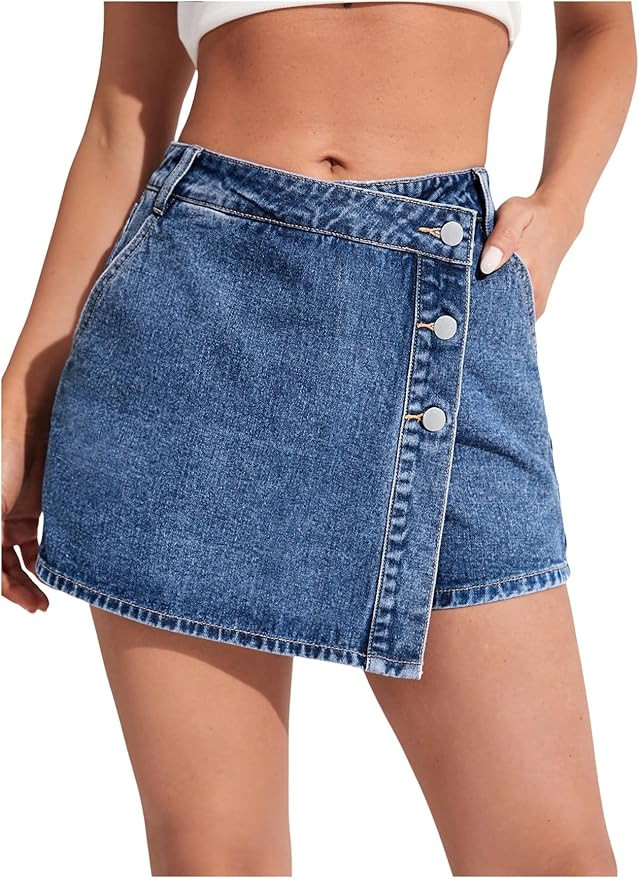 WDIRARA Women's High Waisted Button Front Denim Skort Asymmetrical Hem Skirt Shorts | Amazon (US)