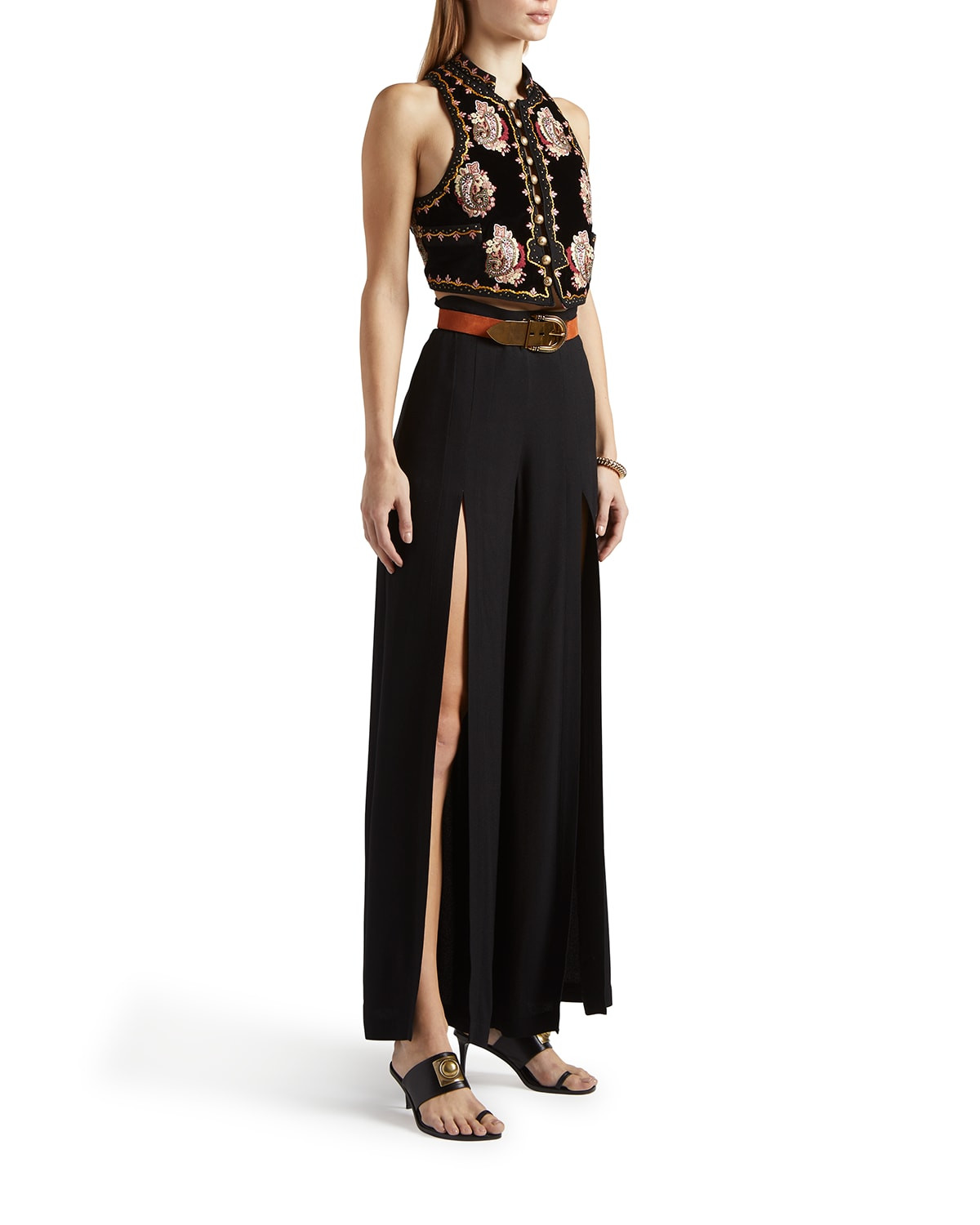 Paneled Thigh-Slit Georgette Palazzo Pants | Neiman Marcus