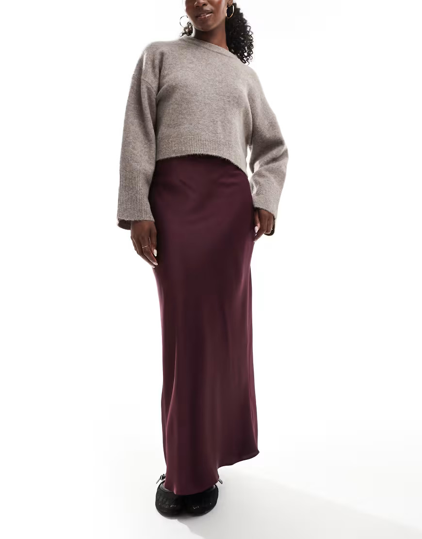 ASOS DESIGN satin bias cut maxi skirt in burgundy-Purple | ASOS (Global)