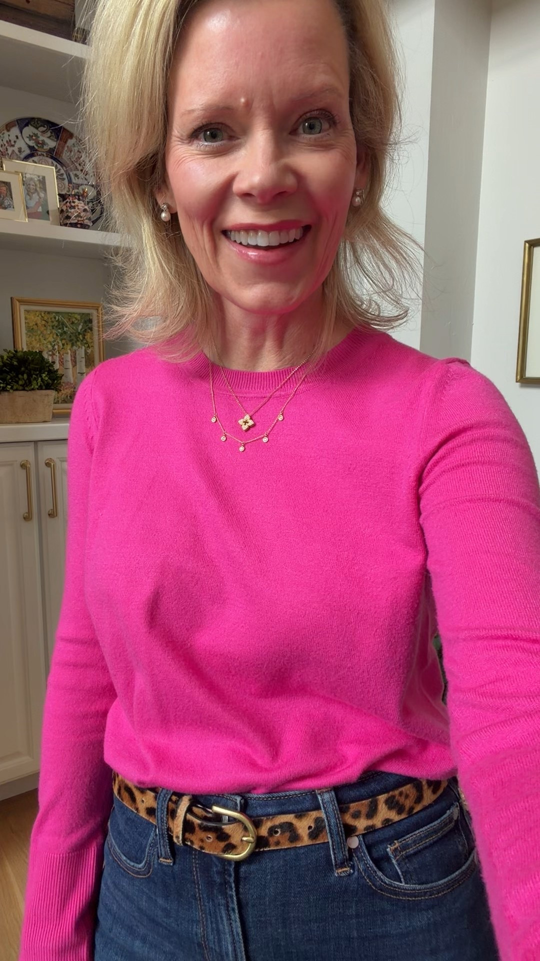 My outfit of the day! Proof that I’ve worn my @Quince ￼jeans on repeat!  You’ve seen me wear this leopard belt and suede booties a ton because they are my favorites as well! I am in between a 26 and 27 and bought a 27 in the jeans. The wash is called midnight. ￼