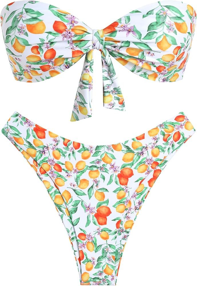 ZAFUL Knotted Bandeau Bikini for Women Strapless Swimsuits High Cut Bathing Suit Sexy Cheeky Tie ... | Amazon (US)
