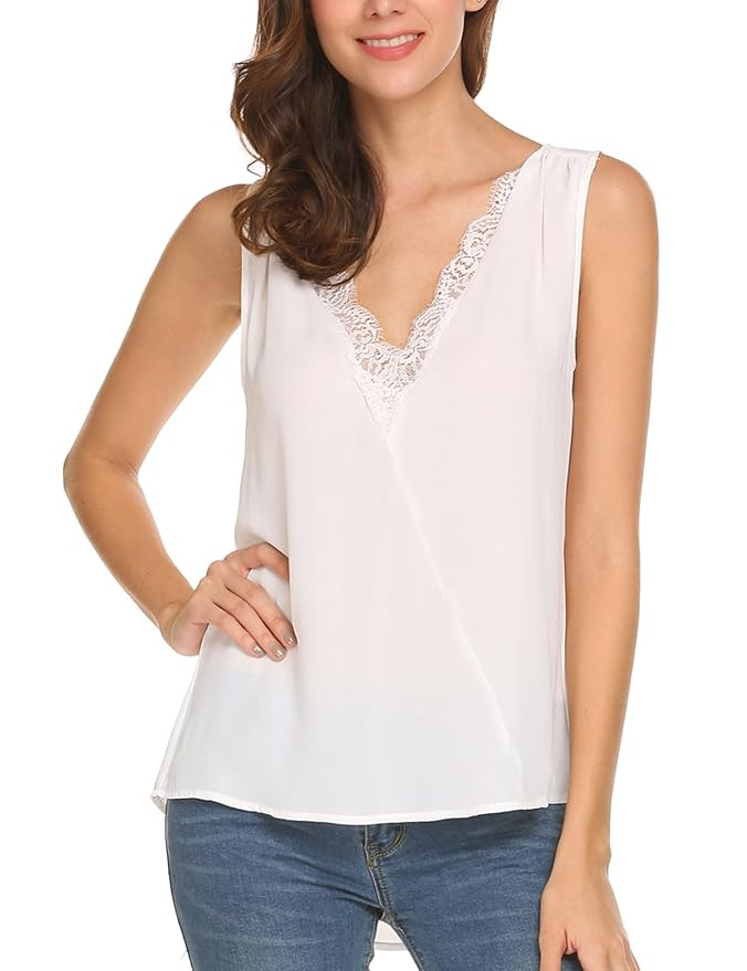 ThinIce Womens Sleeveless Deep V Neck Lace Crochet Chiffon Blouse Tank Top S-XXL | Amazon (US)