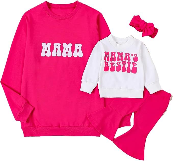 Omkzanbi Mommy and Me Matching Outfit Mama & Mama's Bestie Sweatshirt Flared Pants Valentines Mot... | Amazon (US)
