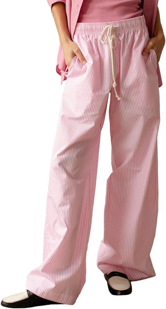 Muineobuka Women Y2k Striped Pants Wide Leg Stripes Print Lounge Pants High Waist Drawstring Stri... | Amazon (US)